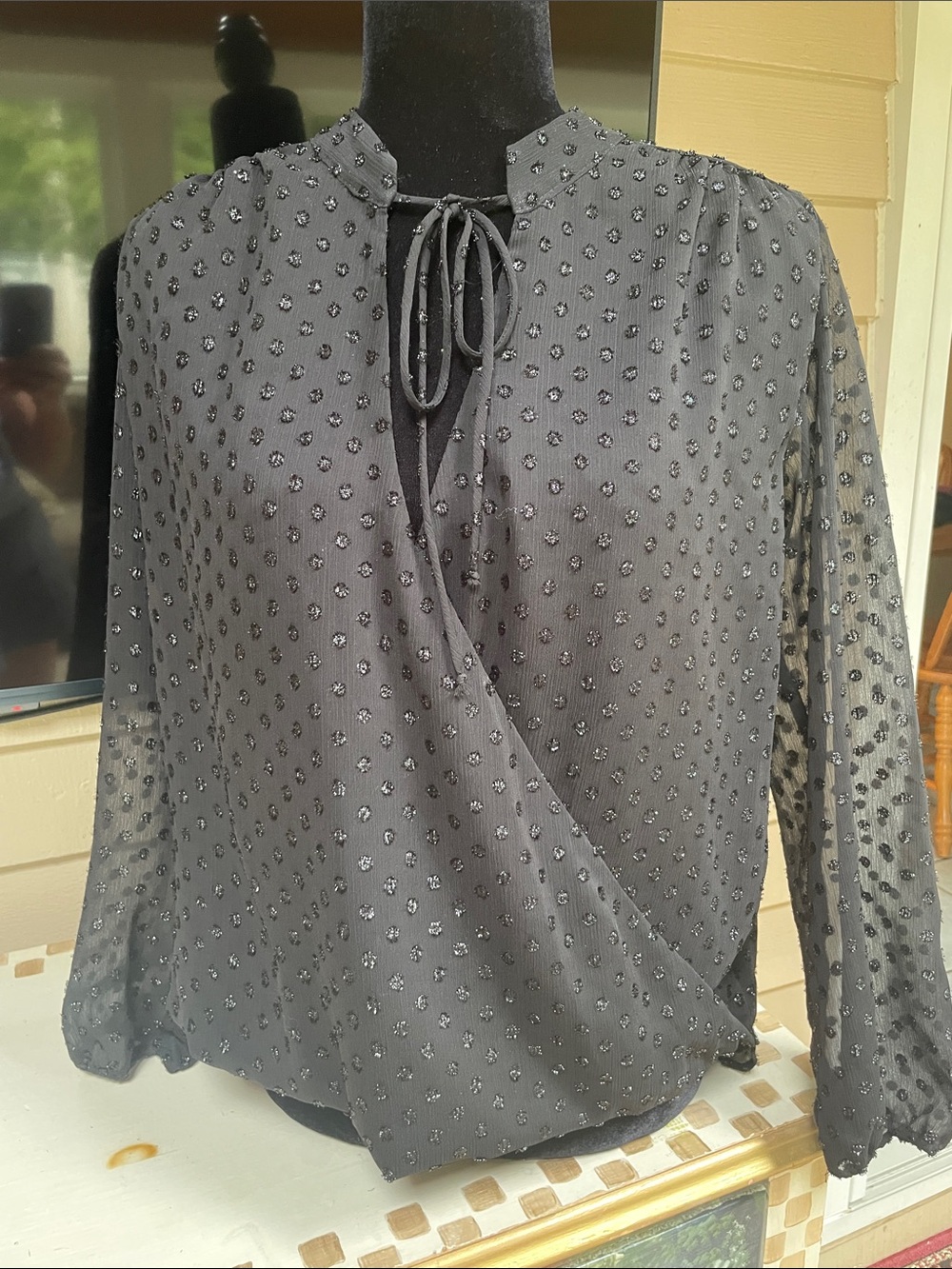 Veronica M Black Dot Pattern Front Drape Blouse